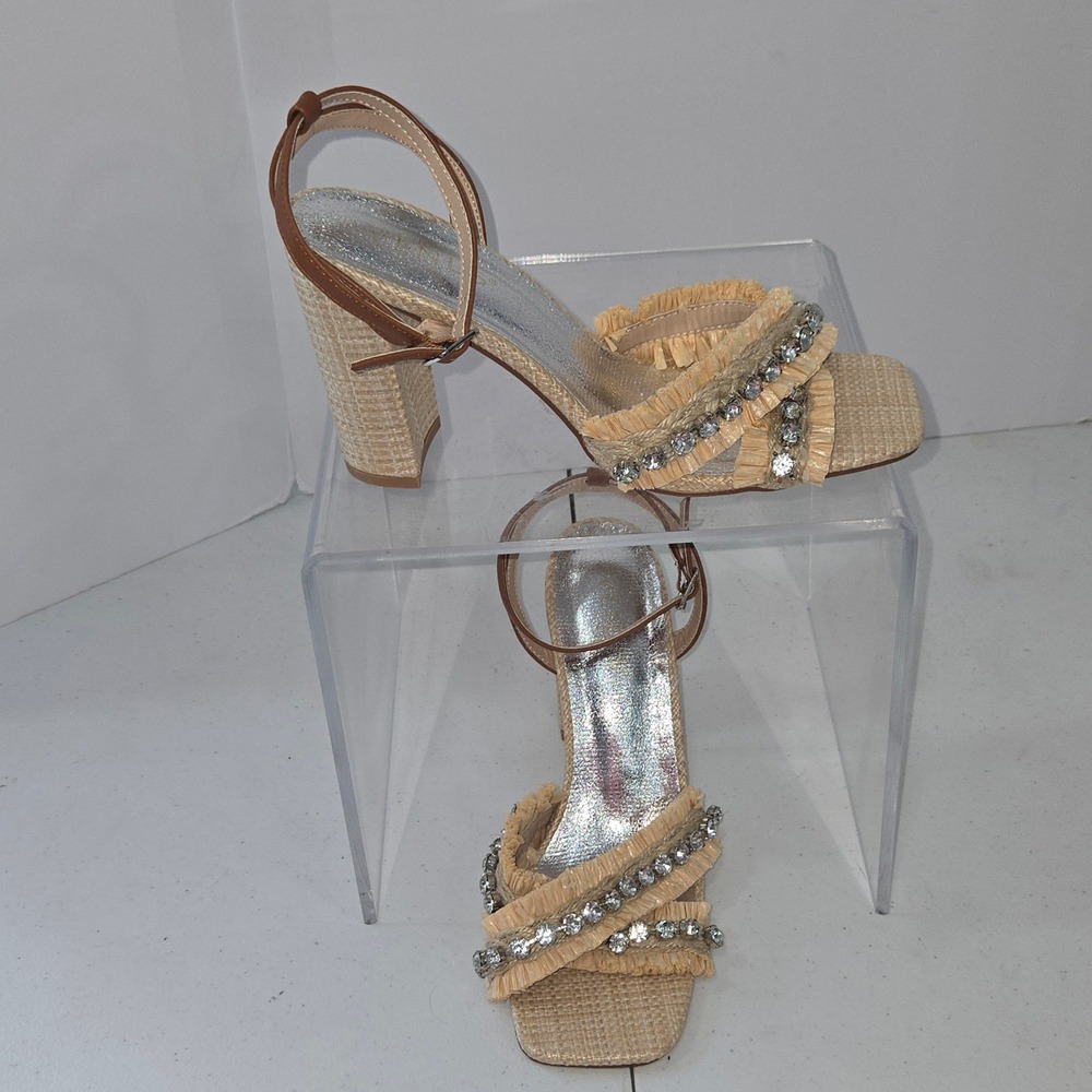 Venus Womens Size 8 Raffia Rhinestone Block Heel Sandals Tan Brown Ankle Strap